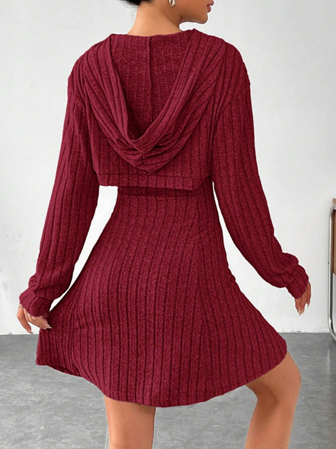 Wide Strap Dress and Long Sleeve Hooded Top Set Trendsi