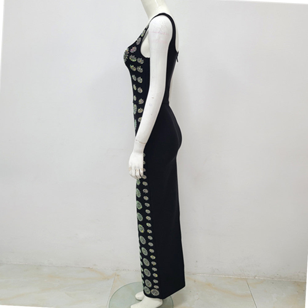 Black Sleeveless U-neck Rhinestone Elegant Slim Bandage DressEvening Dress ARZ