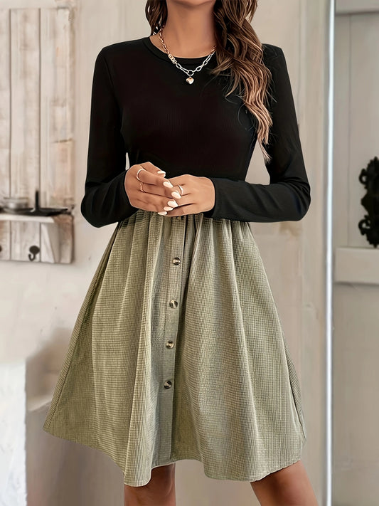 Contrast Round Neck Long Sleeve Dress Trendsi