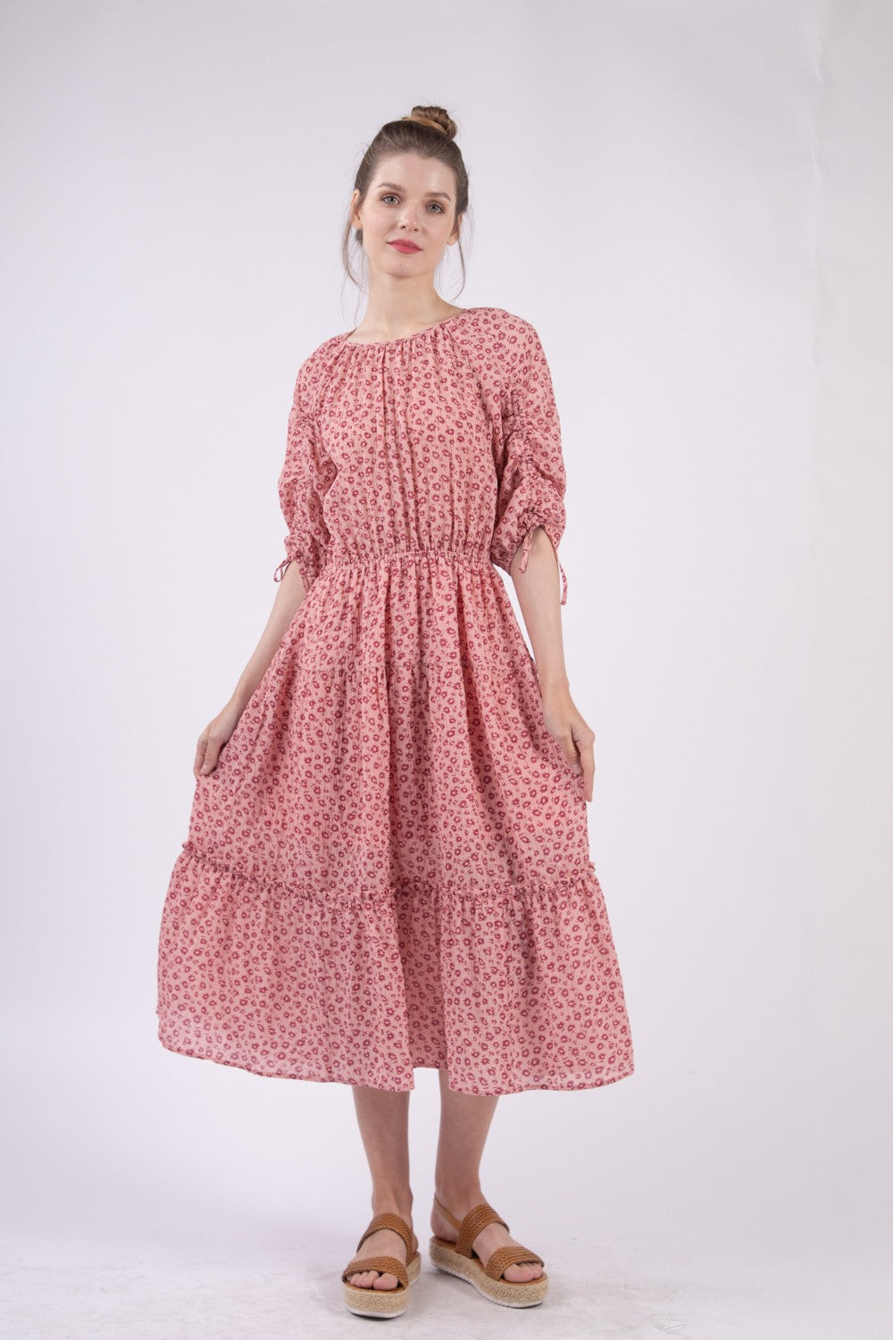 VERY J Floral Round Neck Tiered Midi Dress Trendsi