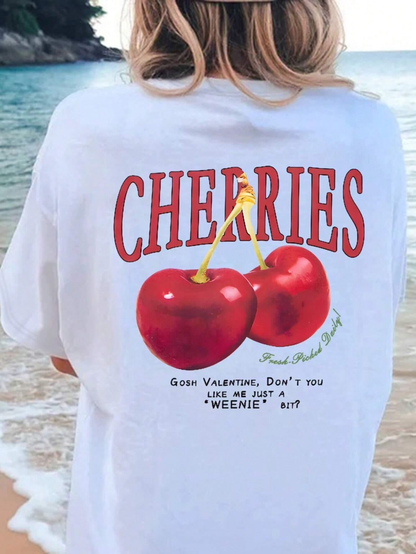 Cotton Women T-shirt Red Cherries Printed Tees Summer ARZ