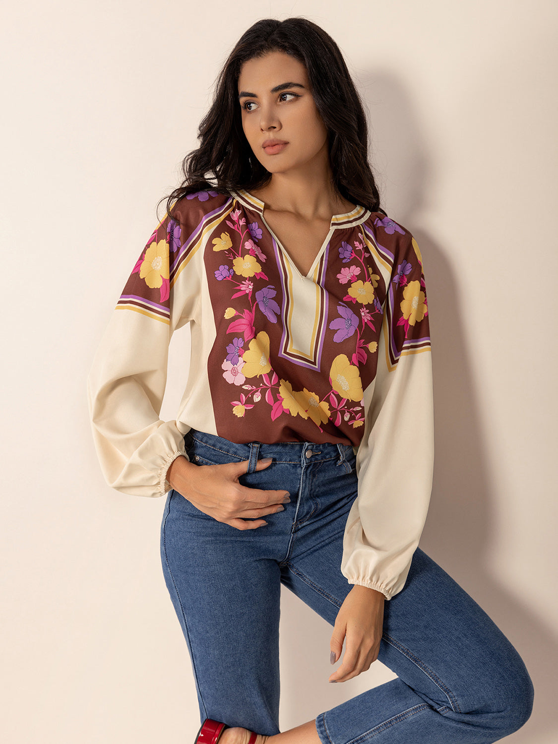 Printed Notched Long Sleeve Blouse Trendsi