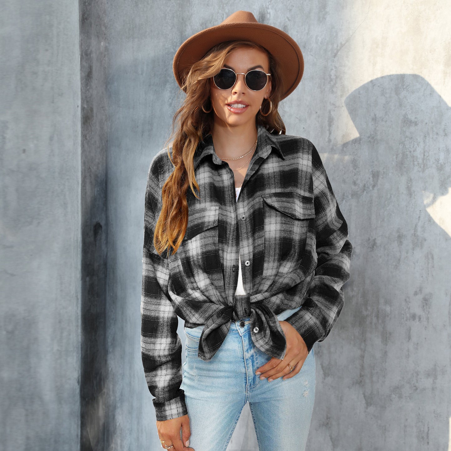 Plus Size Women's Long Sleeve Plaid Button Shirt ARZ