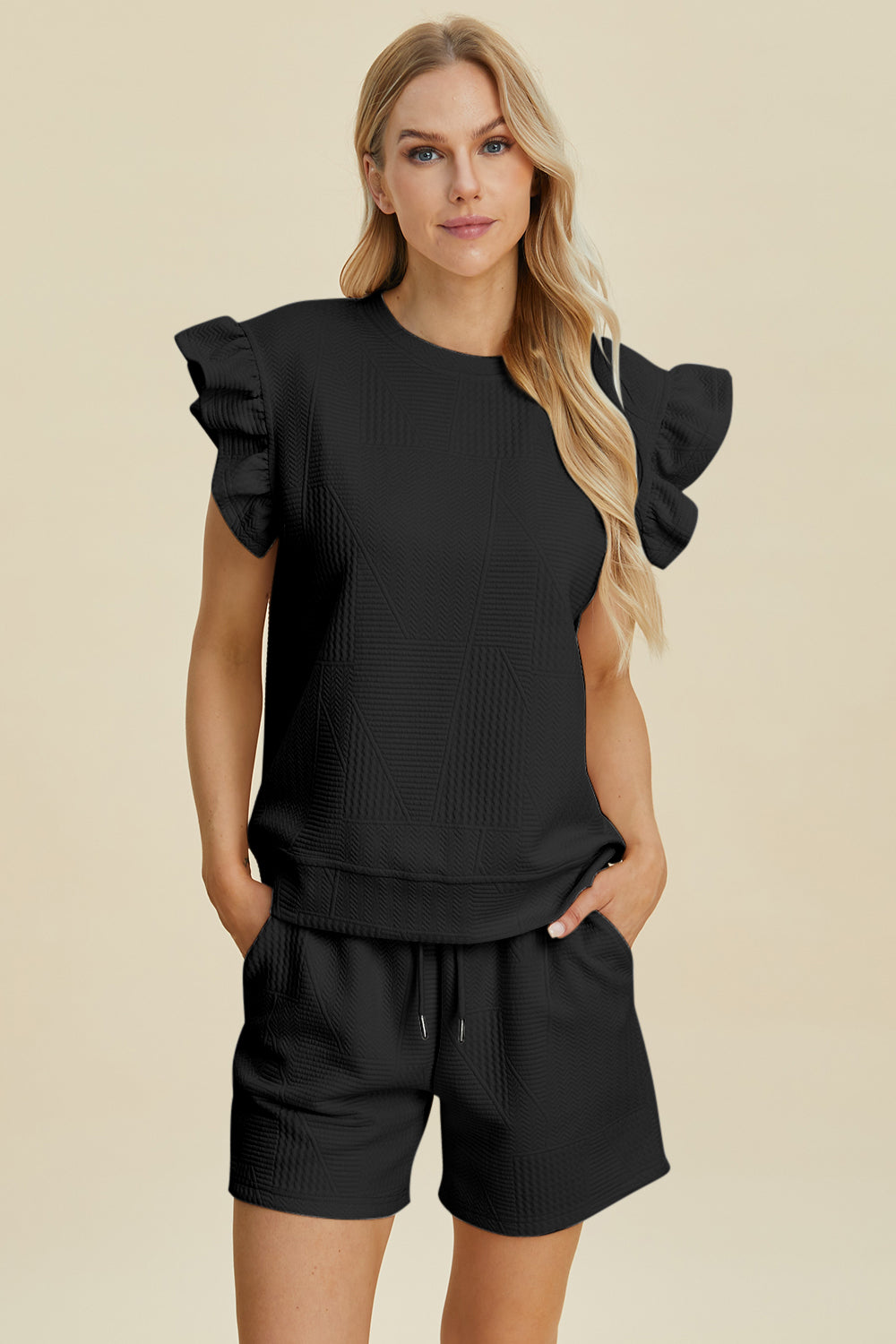 Double Take Full Size Texture Round Neck Ruffle Sleeve Top and Shorts Set Trendsi