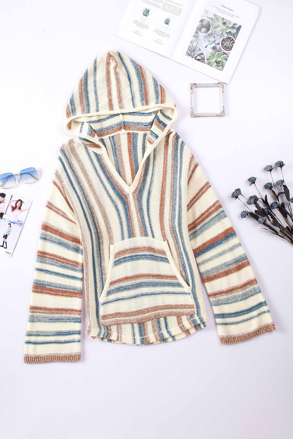 Contrast Striped Dropped Shoulder Hooded Knit Top Trendsi