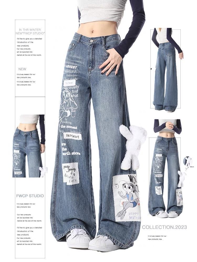 Cartoon Rabbit Print Loose Straight Casual Wide-leg Pants ARZ