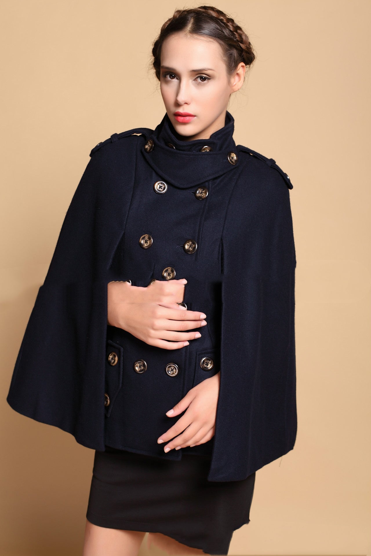 Fan Army Uniform Cape-style Cloak Double-breasted Woolen Coat Women ARZ