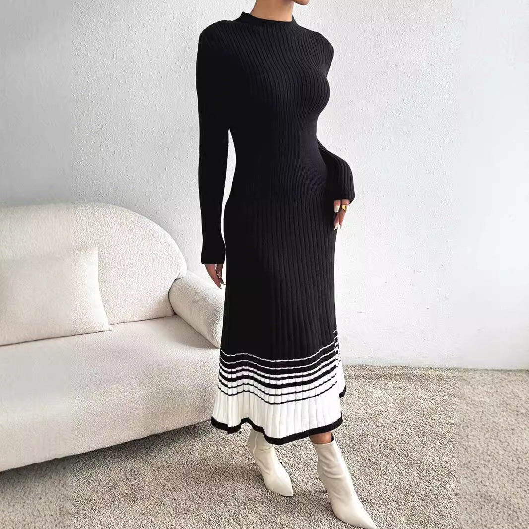 Women's Woolen Skirt Black And White Stripes Dress ARZ