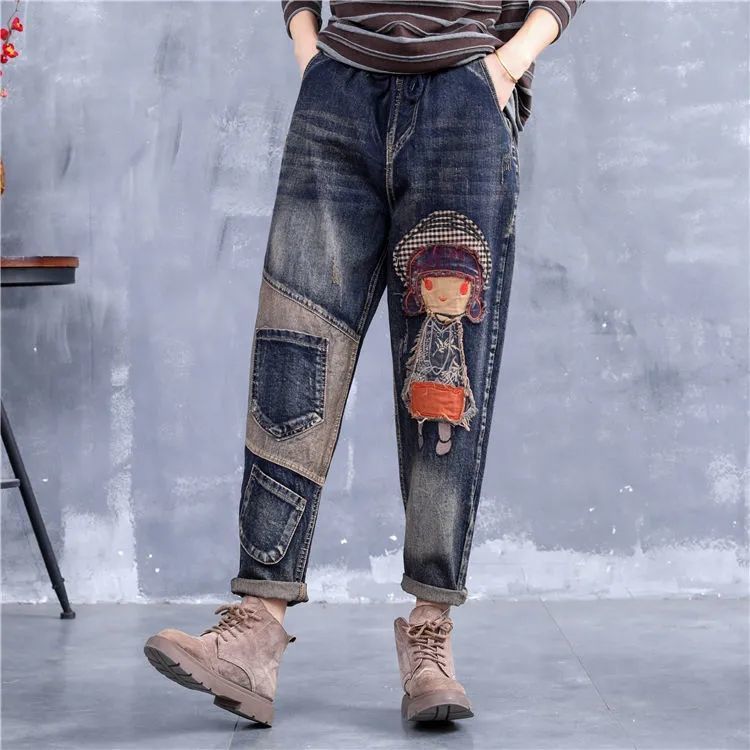 Ethnic Style Embroidered Retro Elastic Waist Jeans ARZ