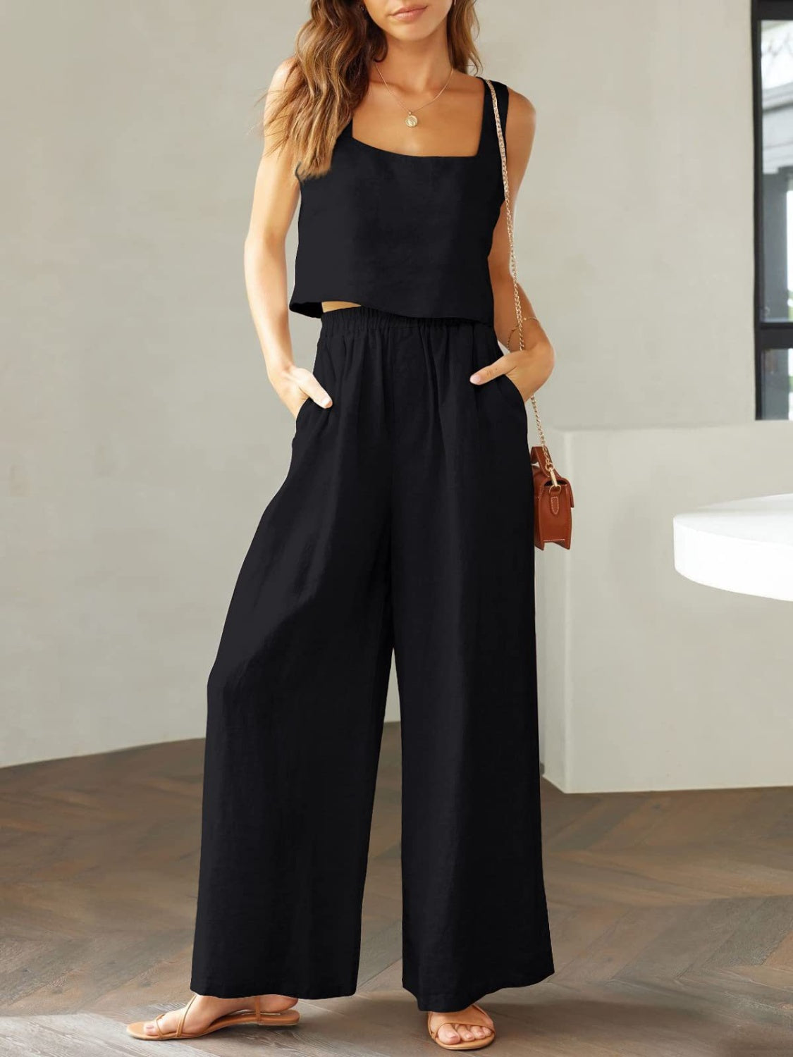 Square Neck Top and Wide Leg Pants Set Trendsi