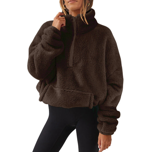 European And American Velvet Fleece-lined Women's Half Zipped Stand Collar Sweater ARZ