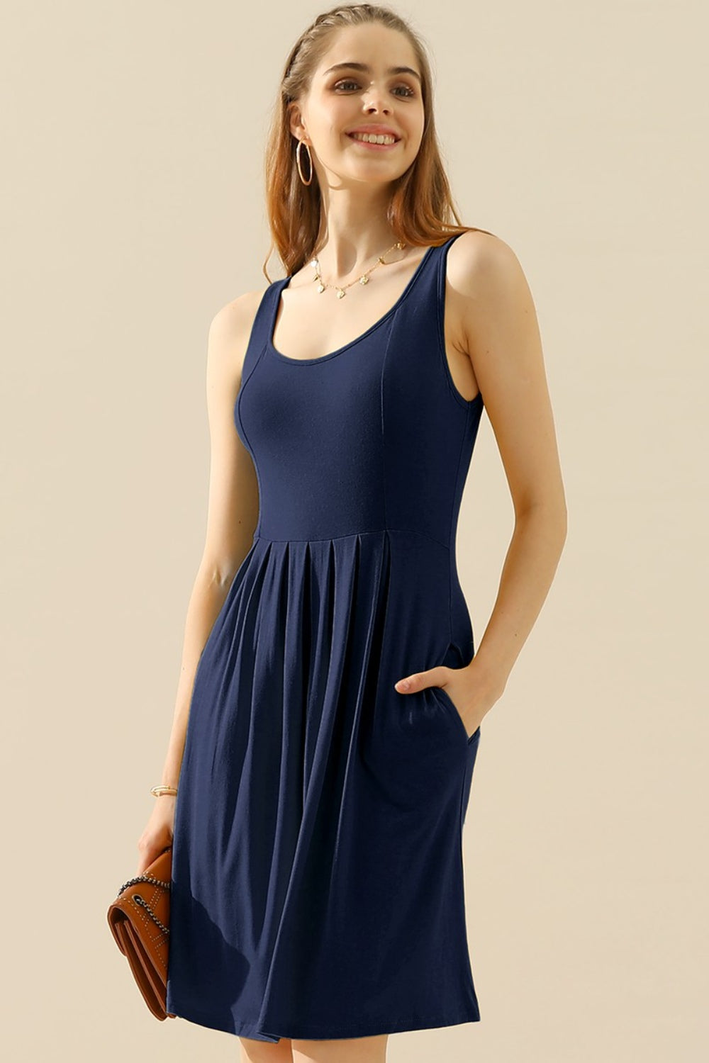 Doublju Full Size Round Neck Ruched Sleeveless Dress with Pockets Trendsi