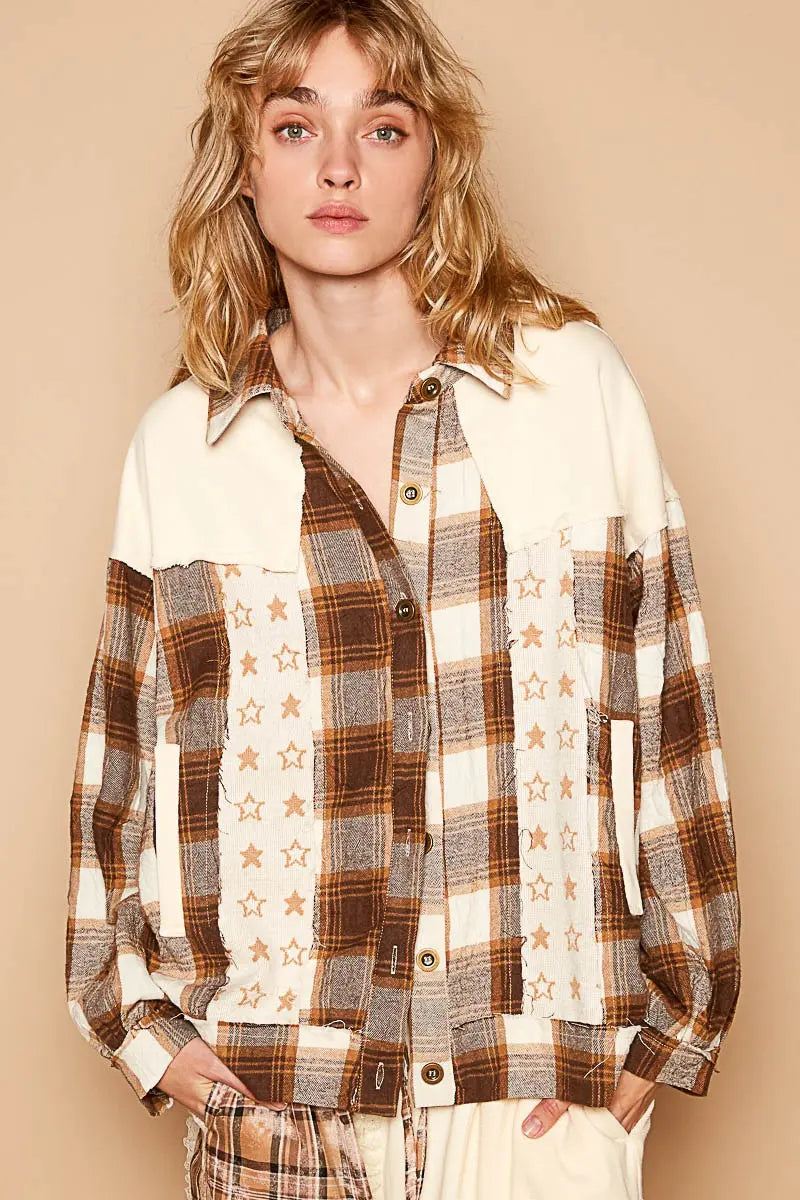 POL Plaid & Star Patchwork Contrast Long Sleeve Shacket Trendsi