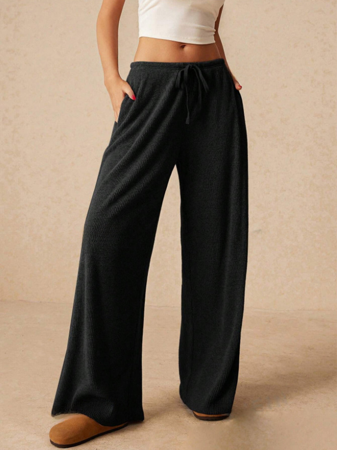 Stylish Drawstring Trousers - Ribbed Wide Leg Pants Trendsi