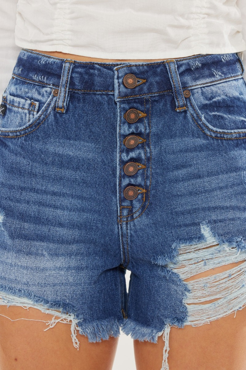 Kancan Distressed Button-Fly High Waist Denim Shorts Trendsi