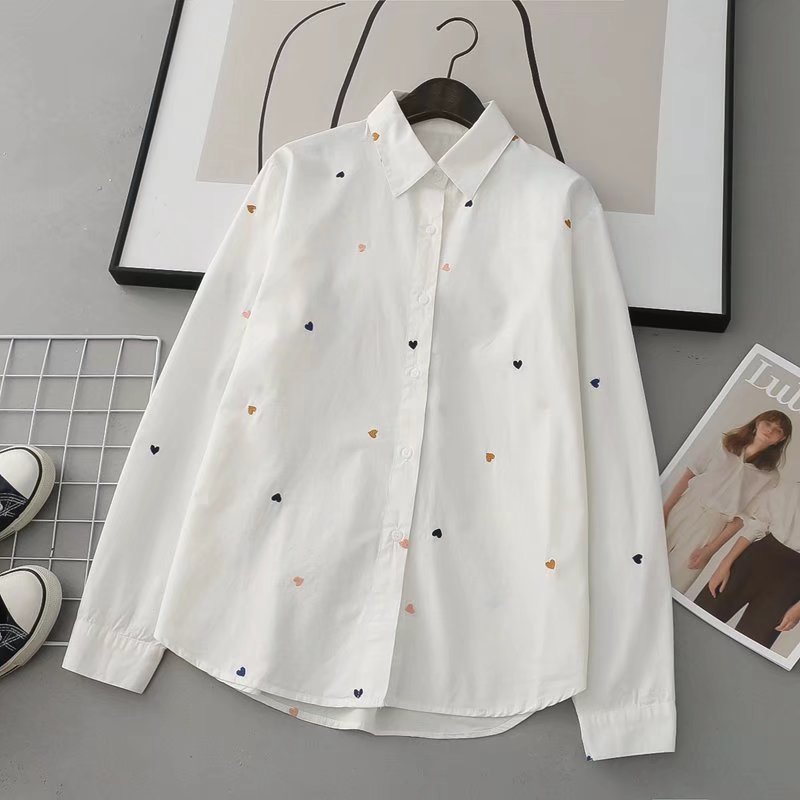 Love Embroidered Cardigan White Shirt Loose Lapels Women's Shirt ARZ