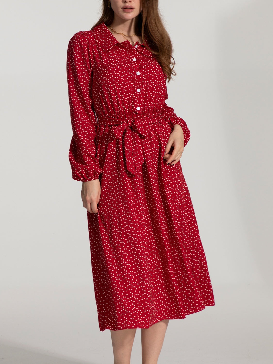 IZURIA Printed Tie Waist Midi Shirt Dress Trendsi