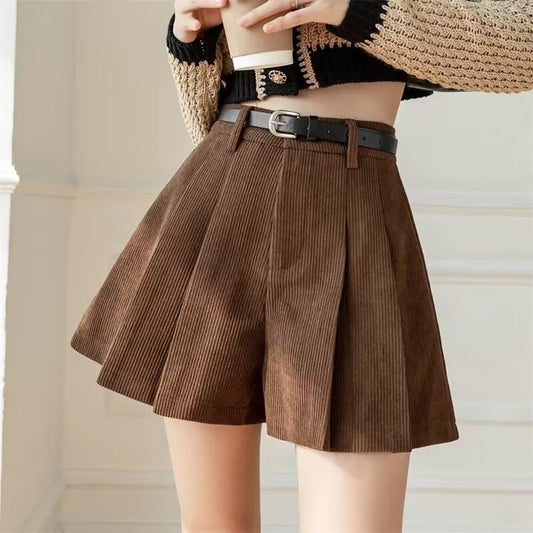 Corduroy Pleated Slim Casual Wide-leg Shorts Women ARZ