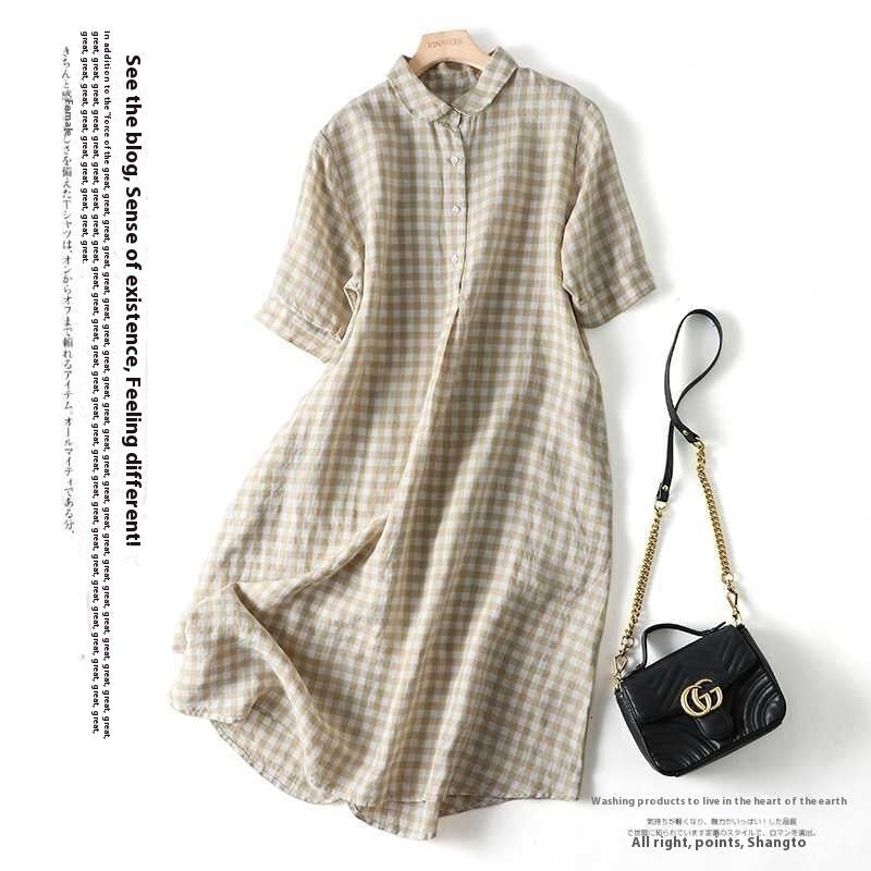 Japanese Yarn-dyed Linen Plaid Dress Retro Easy Matching ARZ