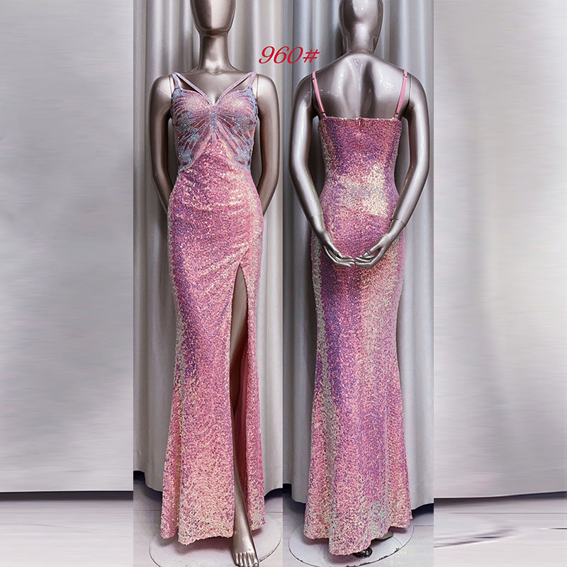 New Sequined Evening Dress Autumn And Winter Purple French Style High Sense Banquet ARZ