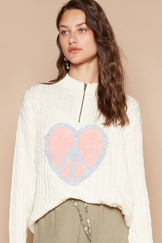 POL Cable-Knit Peace Patch Dropped Shoulder Sweater Trendsi