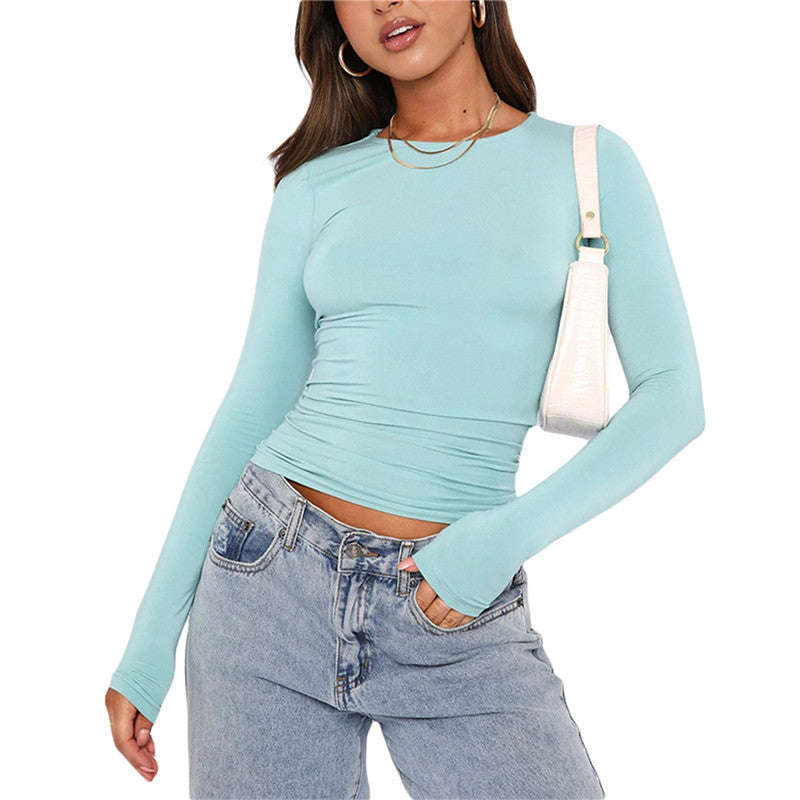 Women's Clothing Fashion Slim Long-sleeved Pullovers Tops Solid Causal Fit Shirts ARZ