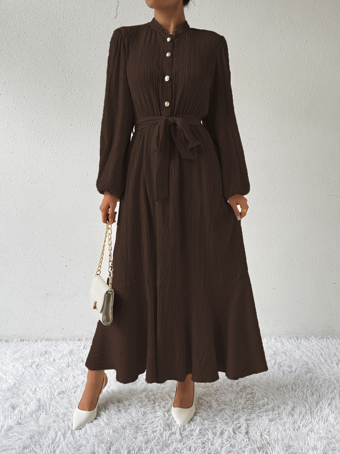 Honey Tie Waist Long Sleeve Dress Trendsi