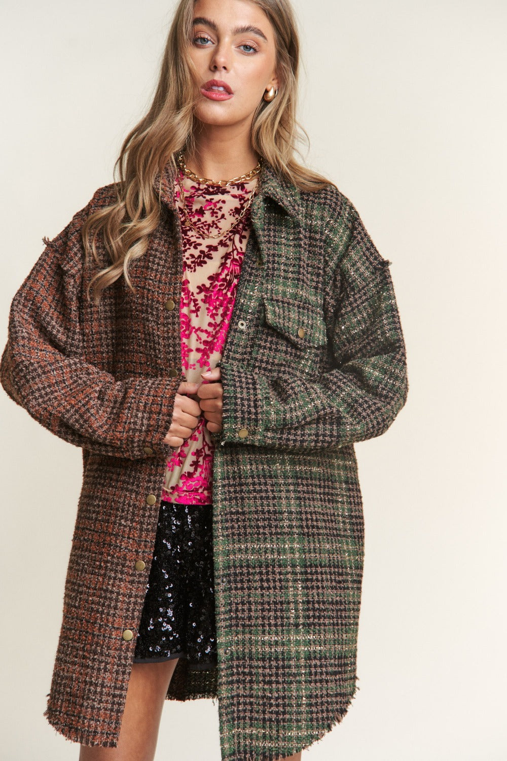 J.NNA Snap Down Tweed Plaid Contrast  Longline Shacket Trendsi