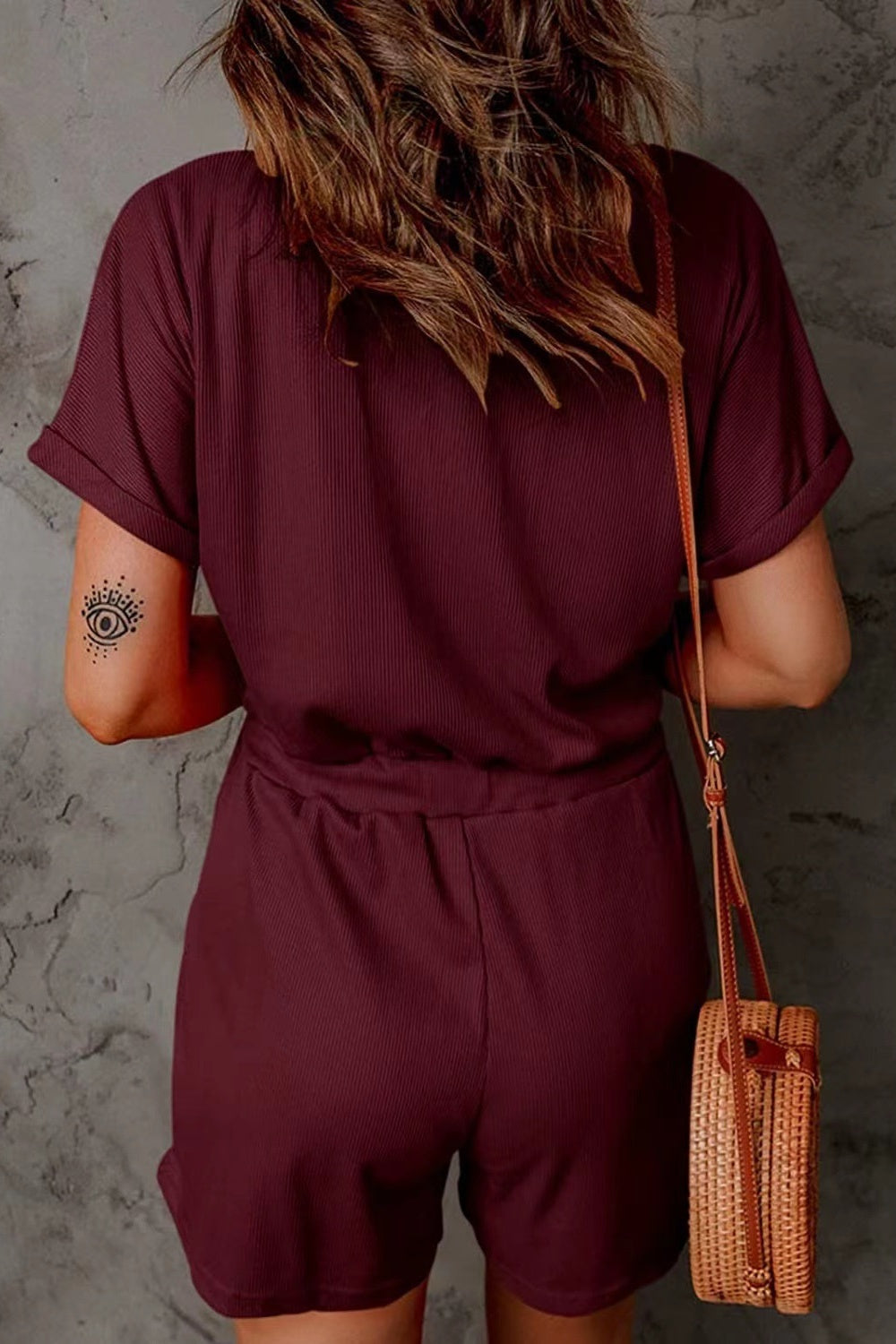 Full Size Drawstring V-Neck Short Sleeve Romper Trendsi