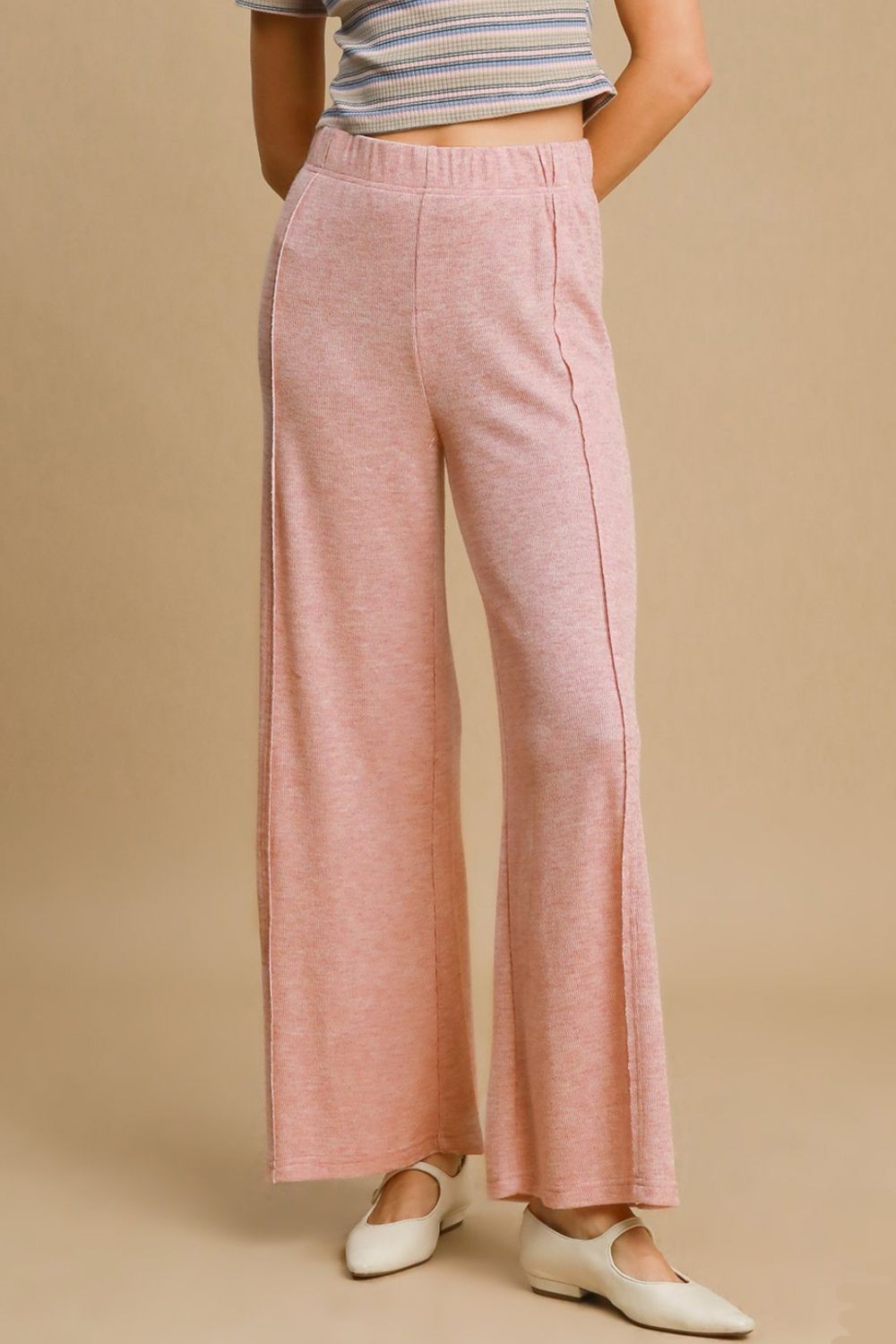 Umgee Elastic Waist Wide Leg Knit Pants Trendsi