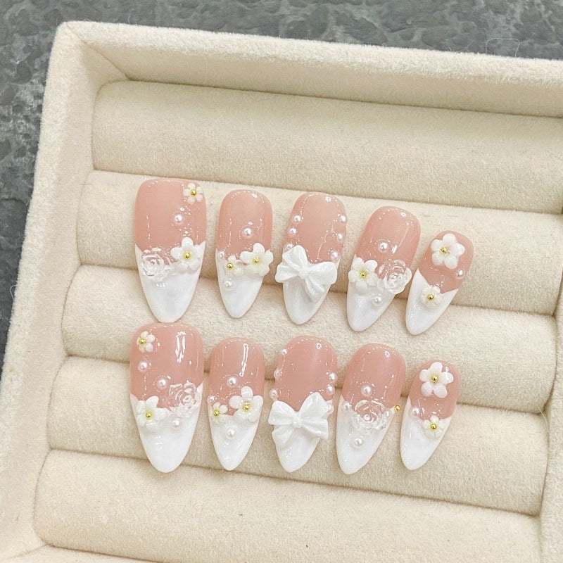 Handmade Real Shot Manicure Wear Nail Nude White Small Flower Finished Product ARZ