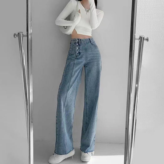 Irregular Breasted High Waist Jeans For Women Straight-leg Trousers ARZ