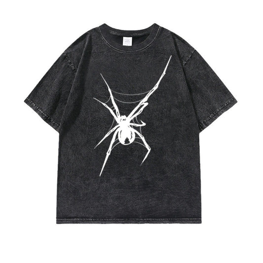 Washed Old Heavy Cotton T-shirt Spider Print ARZ