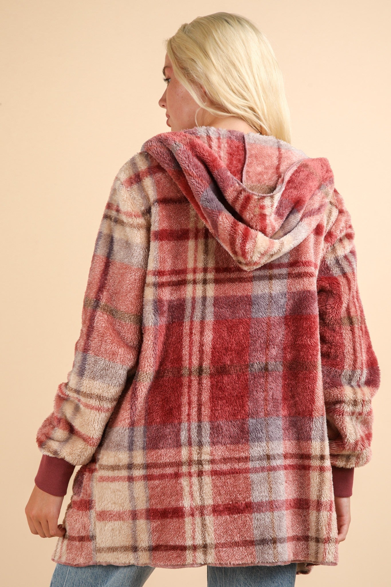 VERY J Fuzzy Plaid Long Sleeve Hooded Jacket Trendsi