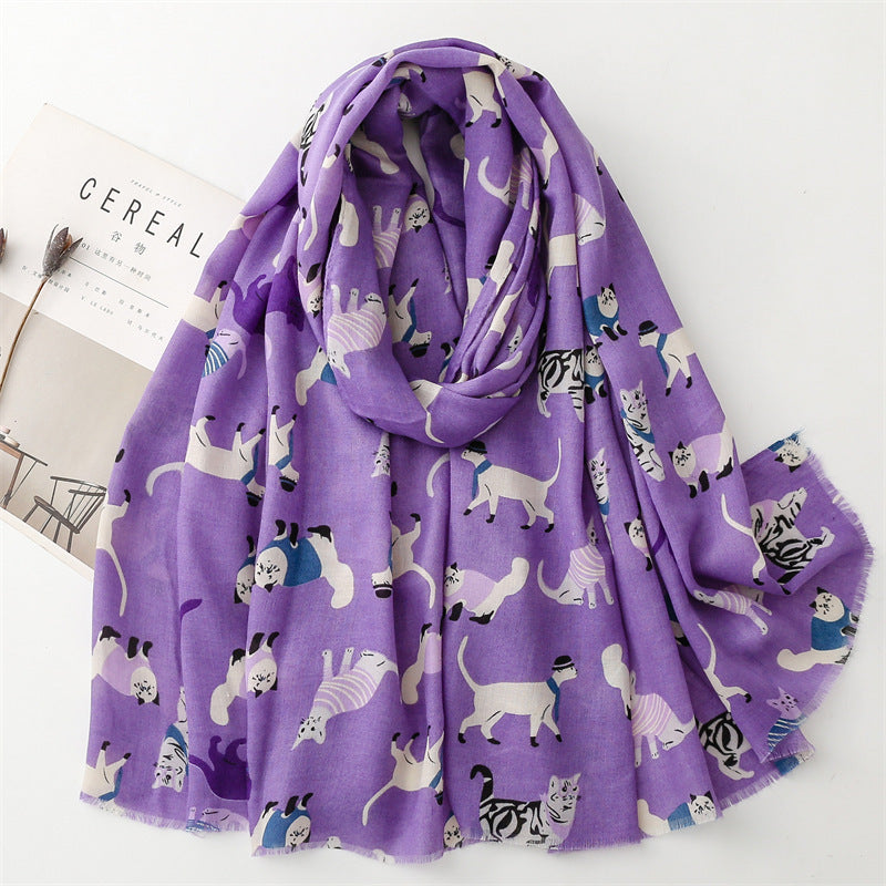 Cotton And Linen Hand Scarf Fashion Cat Cartoon Thermal Shawl ARZ