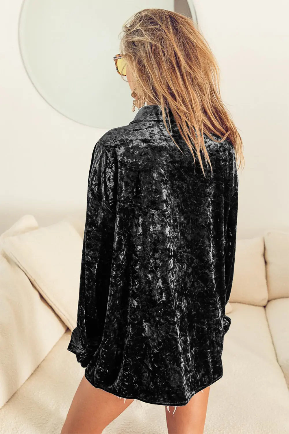 BiBi Button Up Long Sleeve Velvet Shirt Trendsi