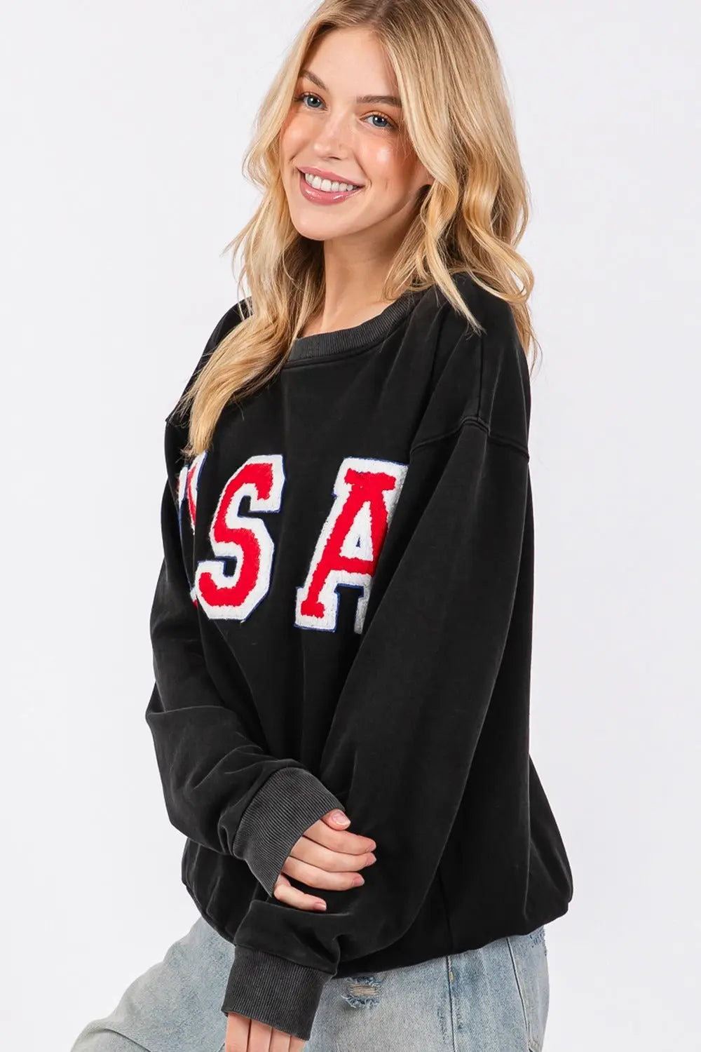 SAGE + FIG USA Letter Patch Round Neck Sweatshirt Trendsi