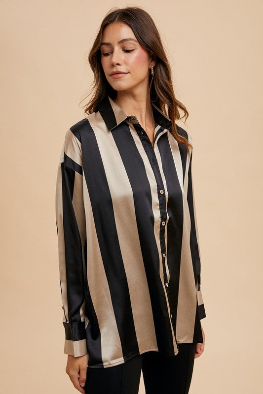 Annie Wear Striped Dropped Shoulder Button Up Shirt Trendsi