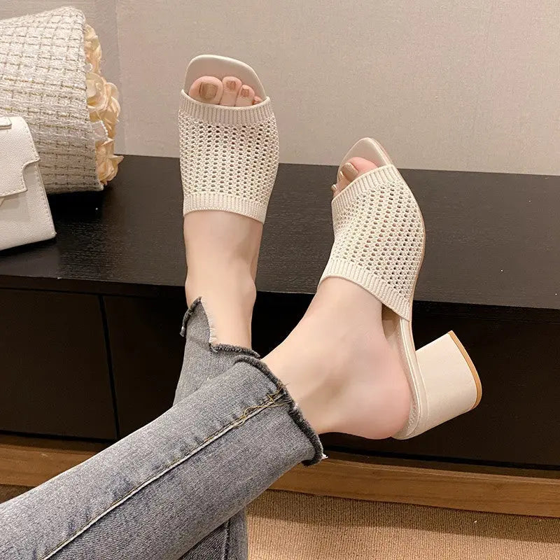 Block Heel Knit Sandals Trendsi