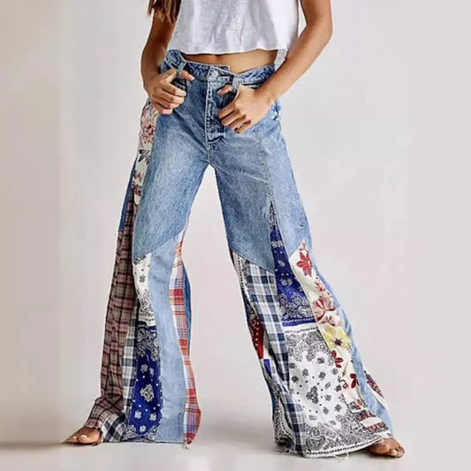 Retro Denim Stitching Button High Waist Wide Leg Jeans ARZ