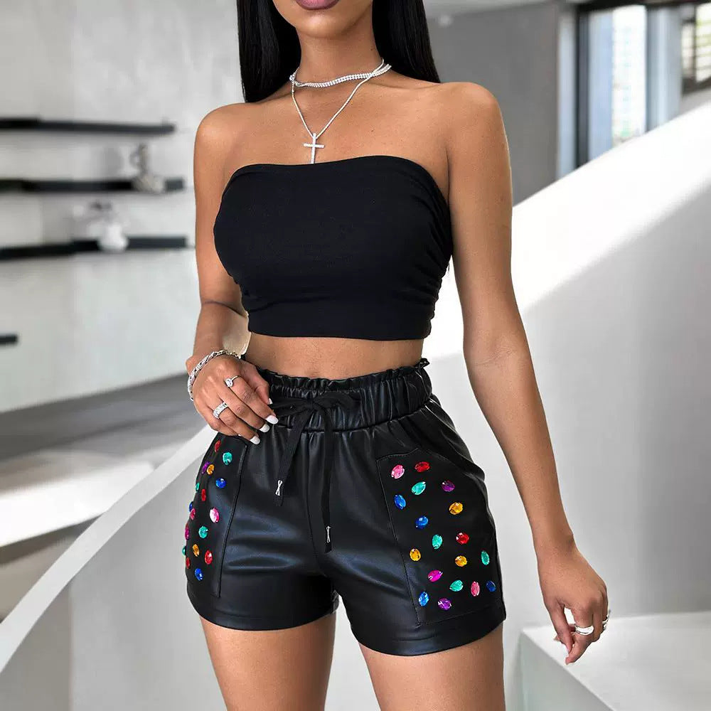 Women's Color Rhinestone Pu Shorts ARZ