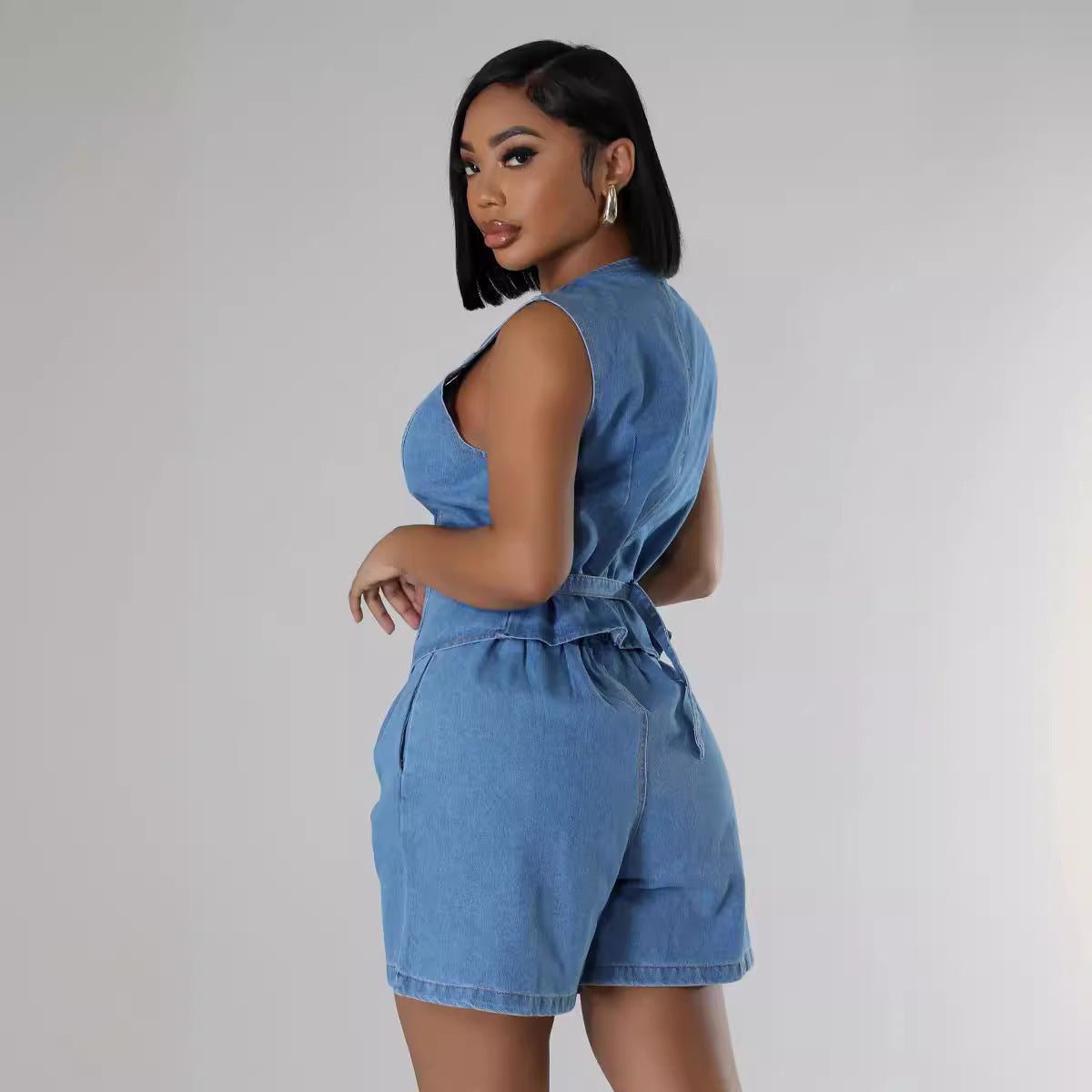 Fashion Casual Sleeveless High Waist Women's Denim Shorts Suit ARZ