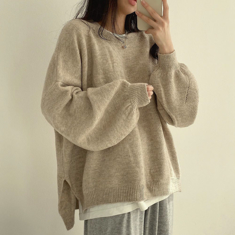 Temperament Crew Neck Pullover Lantern Sleeve Loose Sweater For Women ARZ