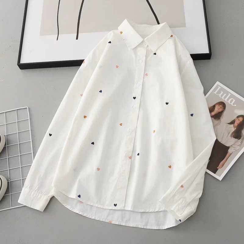 Love Embroidered Cardigan White Shirt Loose Lapels Women's Shirt ARZ