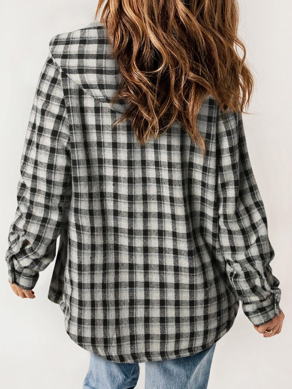 Plaid Snap Down Plush Hooded Jacket Trendsi