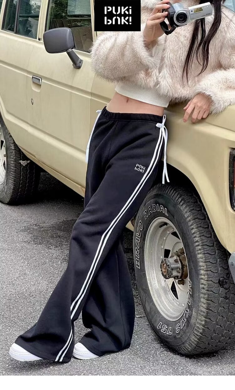 Bow Bandage Sweatpants Women's Straight Wide Leg Casual Sports Pants ARZ