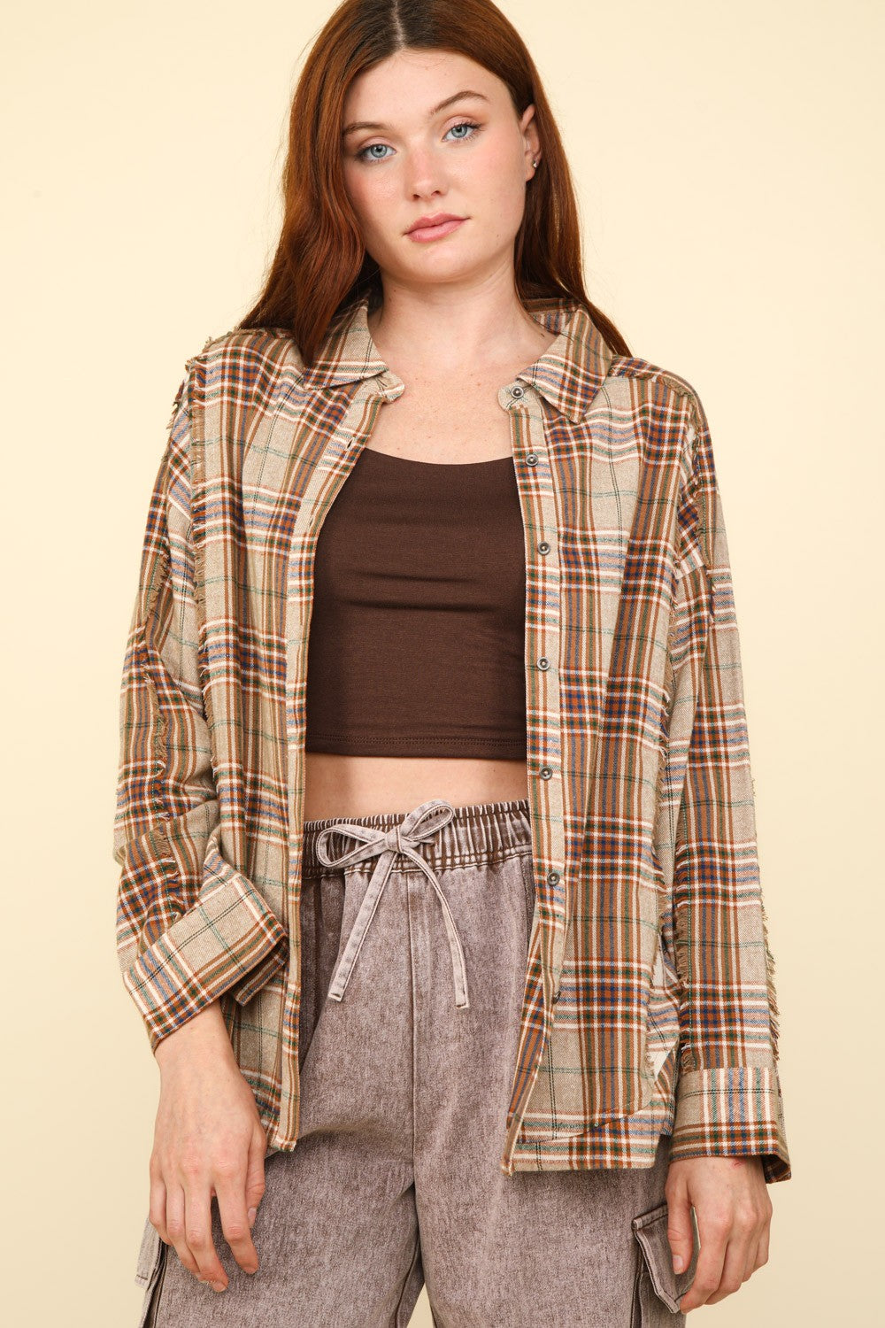 VERY J Contrast Plaid Raw Detail Shirt Trendsi