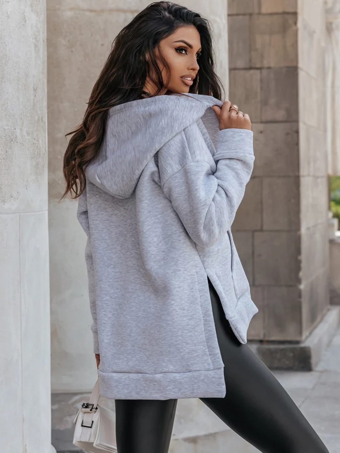 Zip-Up Slit Hoodie with Pockets Trendsi