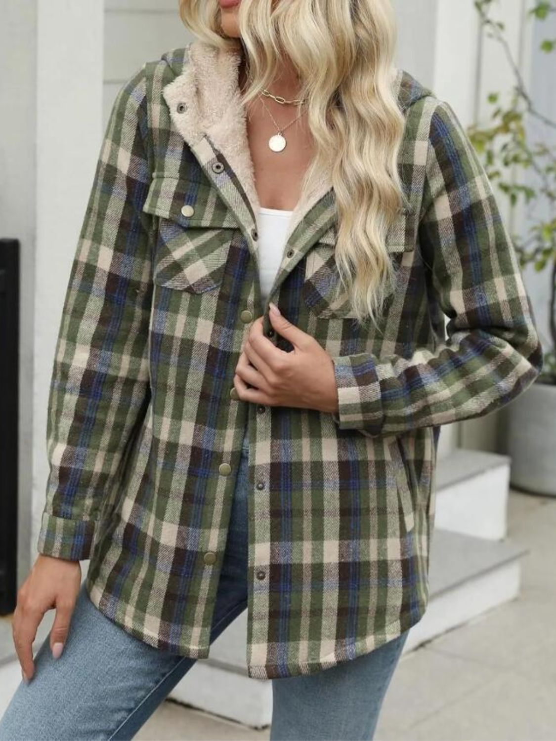 Plaid Snap Down Plush Hooded Jacket Trendsi