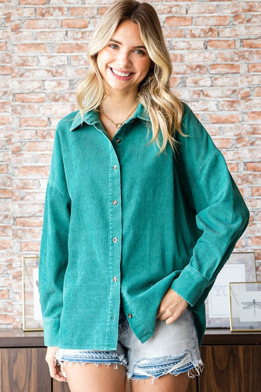 First Love Washed Corduroy Button Down Long Sleeve Shirt Trendsi